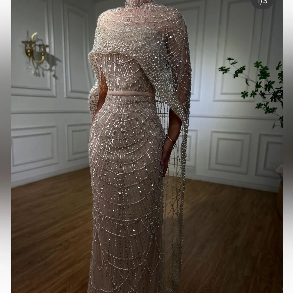 Dubai Arabia Nude Mermaid Long Cape Luxury Evening Dresses Gowns - Picture 3 of 16
